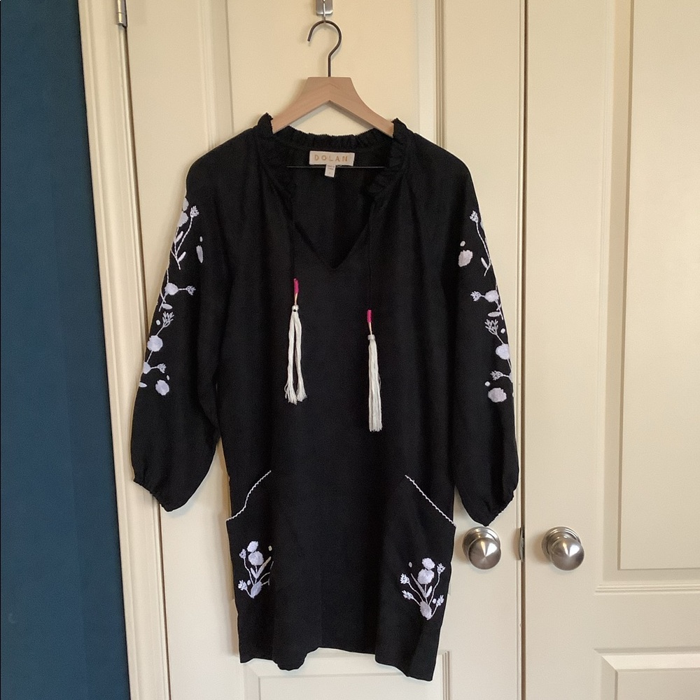 Anthropologie Dolan Longsleeve Black Dress Floral Embroidery Tassel Small